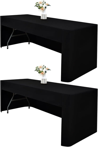 2 Pack 4ft (48x24 Inch), 3-Sided Wolkemer Open Back Fitted Tablecloth Rectangle Vendor Table Cloth Washable Black