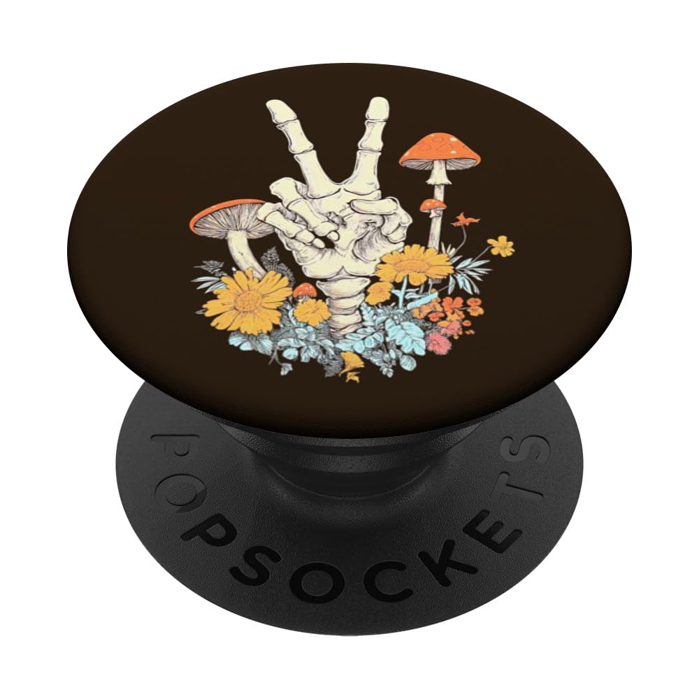 Retro 70s Groovy Hippie Skeleton Peace Sign Hand Mushroom PopSockets Standard PopGrip