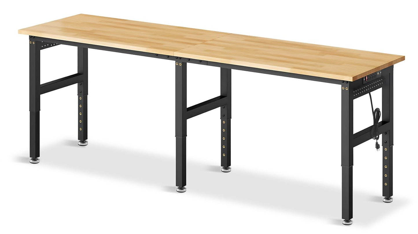 MUWOOD 96”Adjustable Work Bench, 5000 LBS Capacity Heavy Duty Workbench with Power Outlet & Pegboard, Rubber Wood Work Table for Garage, Workshop, Office, Home