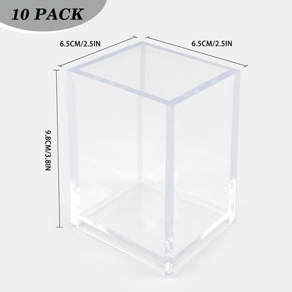 10 Pack Clear Acrylic Pen Holder for Desk, Pencil Cup Makeup Brush Organizer, Square Acrylic Pencil Holders for Office School Home Supplies, Desktop Stationery Organizer for Pens Markers Brushes
