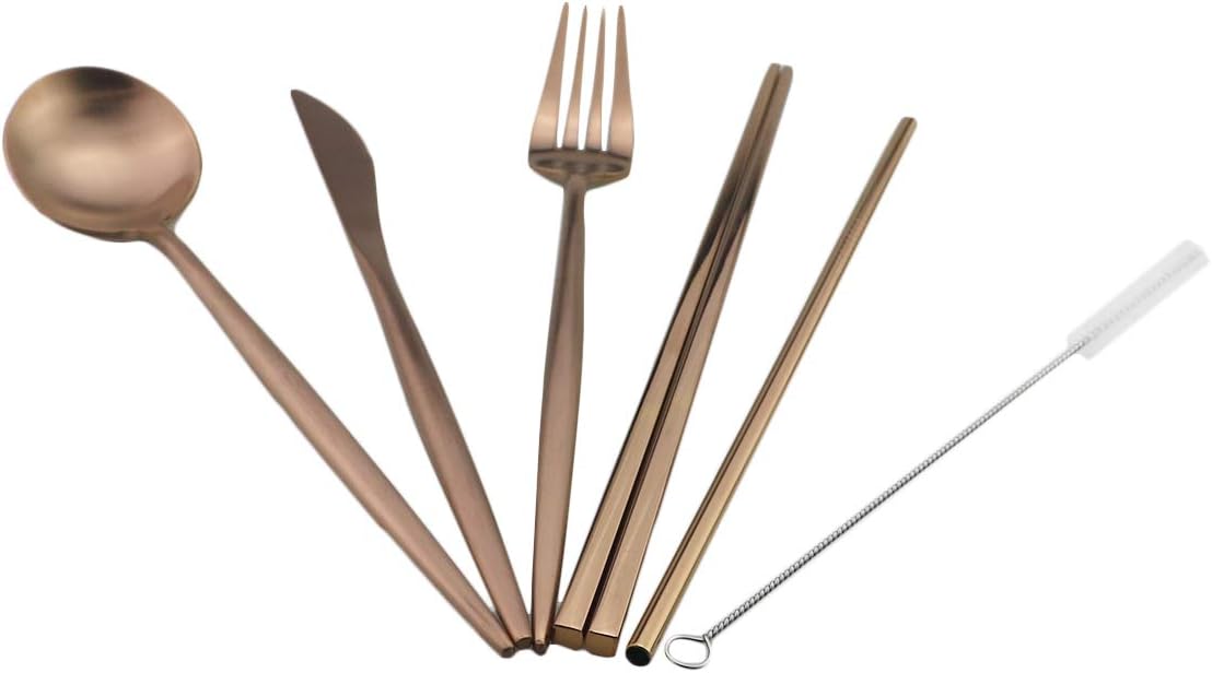 Reusable Travel Utensils, 7 Piece Portable 304 Stainless Steel Set with Pouch, Eco-friendly Camping Silverware