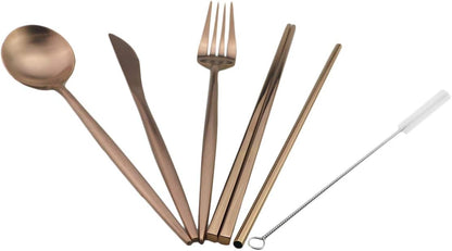 Reusable Travel Utensils, 7 Piece Portable 304 Stainless Steel Set with Pouch, Eco-friendly Camping Silverware