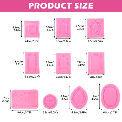 10 PCS Picture Frames Fondant Silicone Molds, Retro Style Air Dry Clay Molds, For Cake Decorating Cupcake Topper Chocolate Polymer Clay