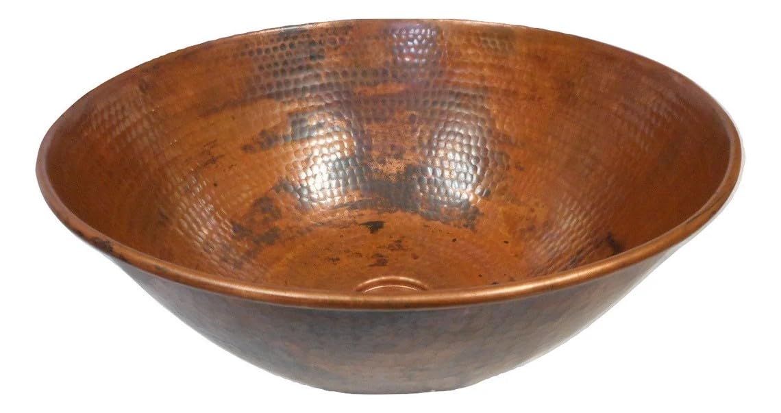 Simply Copper 14" Round Copper Vessel Countertop Sink in Natural Patina with Daisy Drain and 13" ORB Clayborne Vessel Filler Faucet