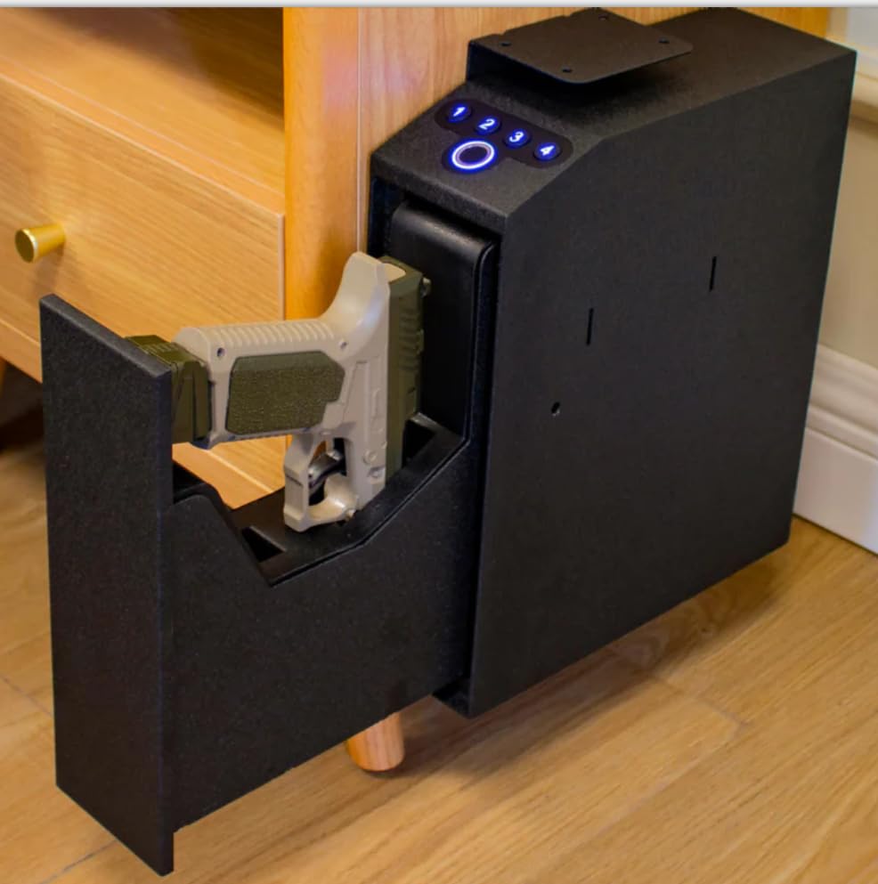 Biometric Slider Handgun Gun Safe for Nightstand, Desk, Bed Side,Truck - Auto Sliding Door Hand Gun Safe for Pistol -with Fingerprint, PIN Code, KEY Access