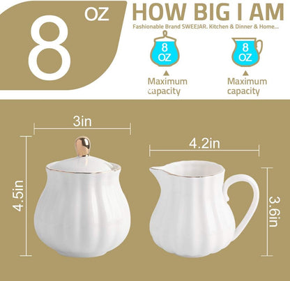 Sweejar Royal Ceramic Sugar and Creamer Set, 3 Piece Set with Cream Pitcher, Sugar Bowl, Lid & Spoon, White