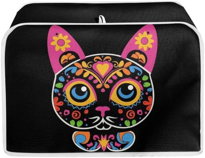 Toaster Cover 2 Slice, Sugar Skull Cat Black, Day of Dead Cartoon Cats, Washable Protective Cover with Hang Loop