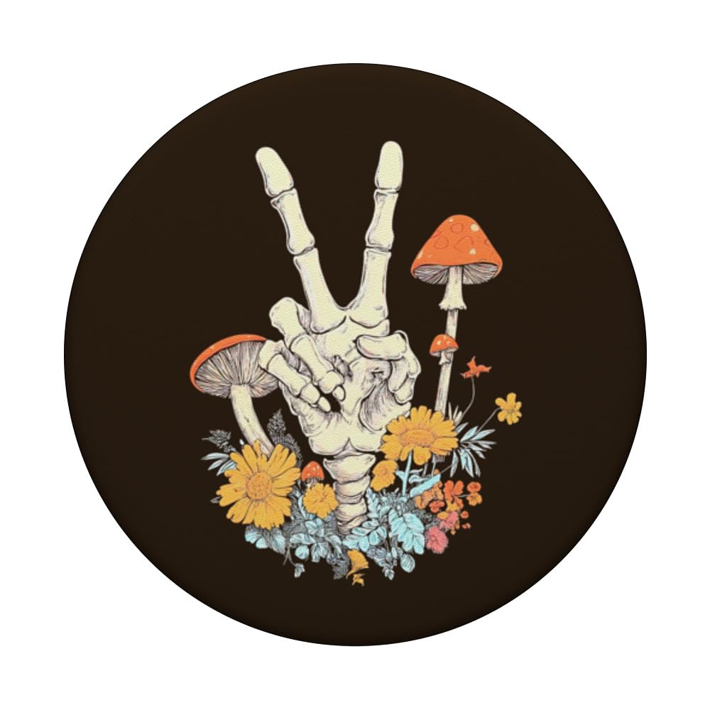 Retro 70s Groovy Hippie Skeleton Peace Sign Hand Mushroom PopSockets Standard PopGrip