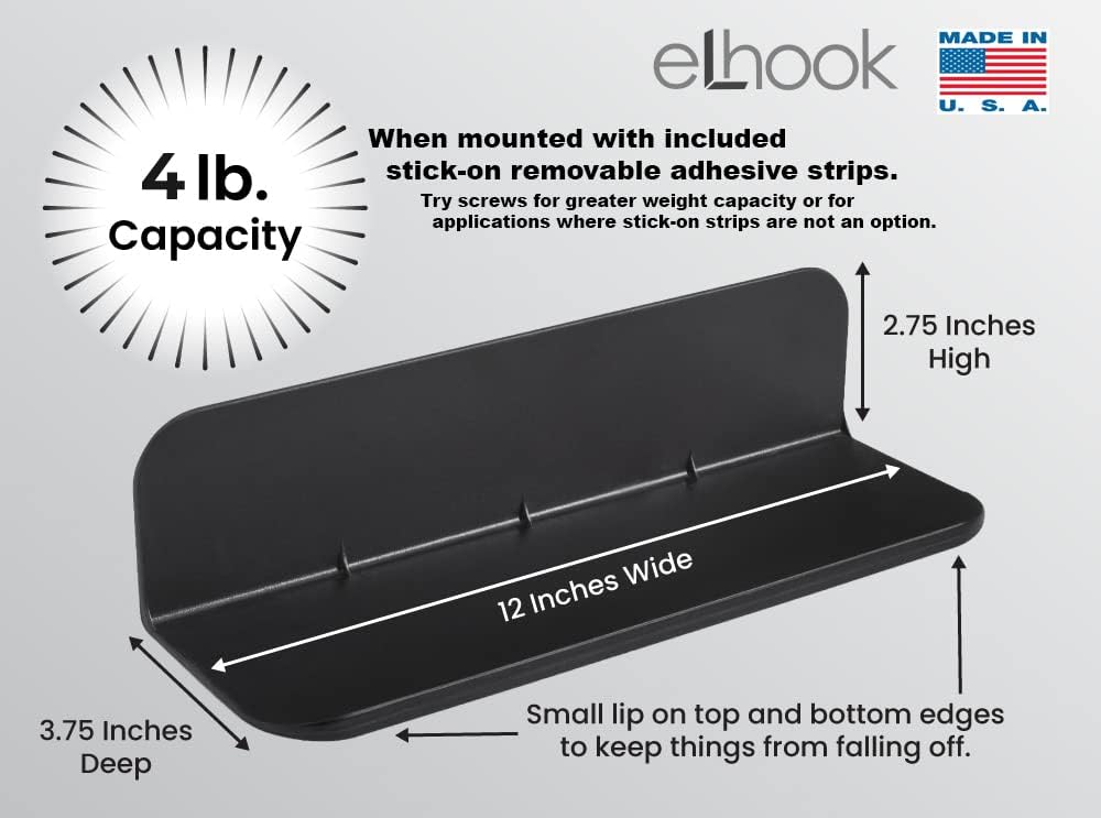 Made in USA Black Stick-On Removable Adhesive Floating Wall Shelf, Durable Textured ABS Plastic with Lipped Edges