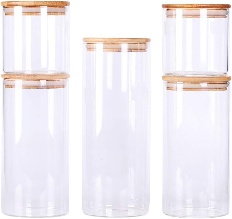 LEAVES AND TREES Y Stackable Kitchen Canisters Set, Pack of 5 Clear Glass Food Storage Jars with Bamboo Lid