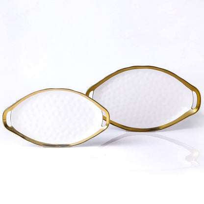 Stone Lain Florian Porcelain Large and Medium Oval Platters with Handle, Service Set, White with Gold Rim