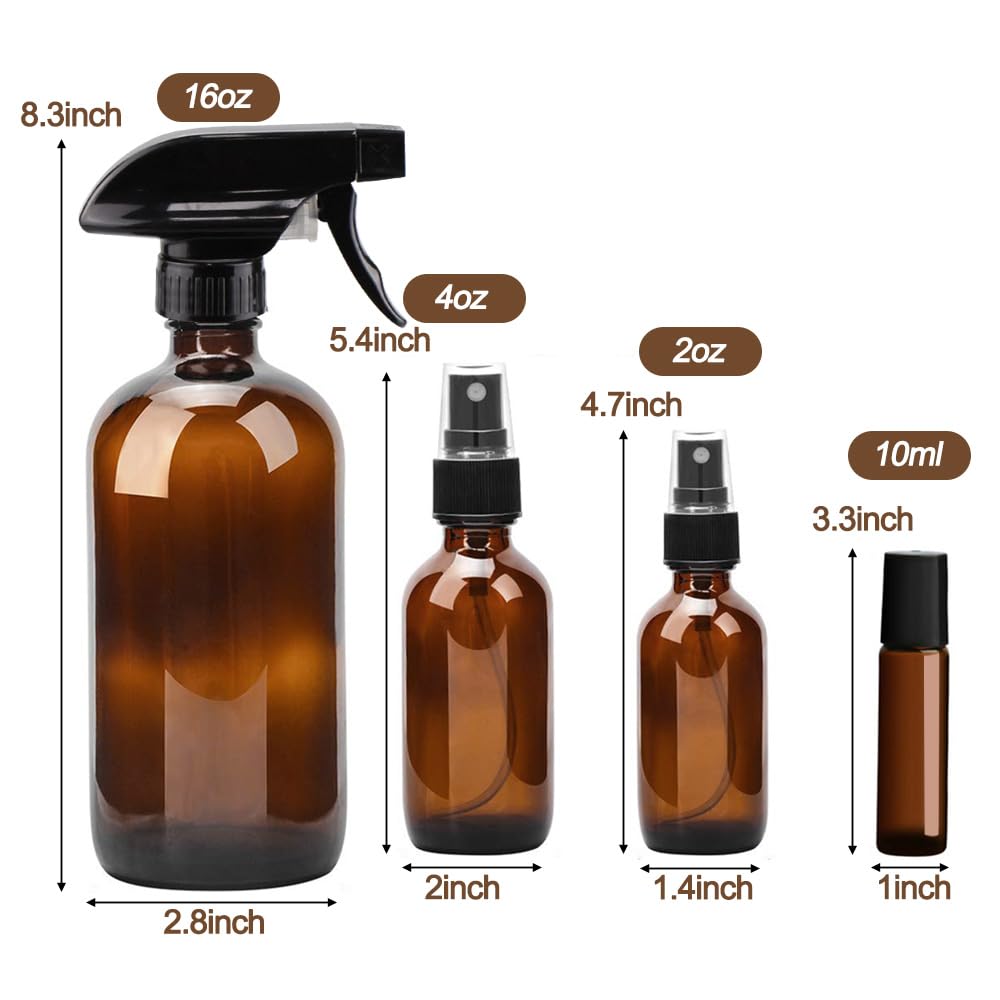 Loretoy Glass Spray Bottle Kit×10 (2×16oz, 2×4oz, 6×2oz), 9×10ml Roller Bottles, Anti UV, Multi Size and Versatile, Suitable for Aromatherapy, Facial Moisturizing, Watering, etc.(Amber)