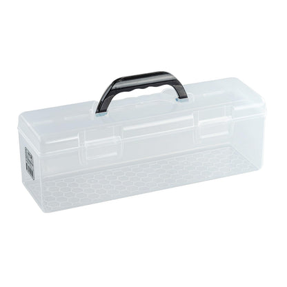 Flythww Plastic Storage Container with Lid, Clear Craft Tool Art Supply Sewing Organizer Box with Handle, Storage Bin for Paint Brush, Cards, Pencils, Crayon, Toys, Ribbons (L 13.98 x 4.21 x 4.72 in)
