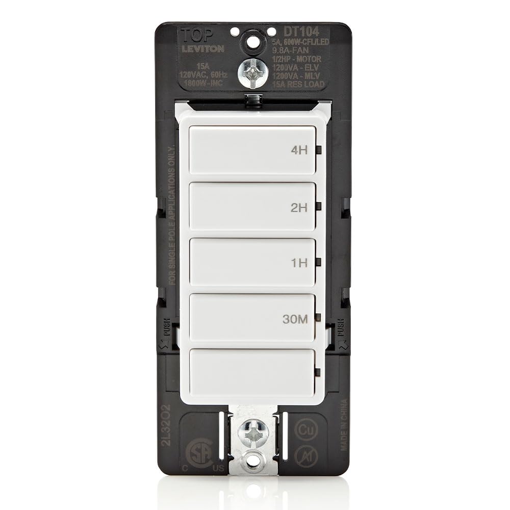 Leviton Countdown Timer Switch for bathroom fan and household lights, 5-10-15-30 min, No Neutral Required, Single Pole, 15A, 1/2 HP/9.8A Fan/Motor, DT130-1LW, White