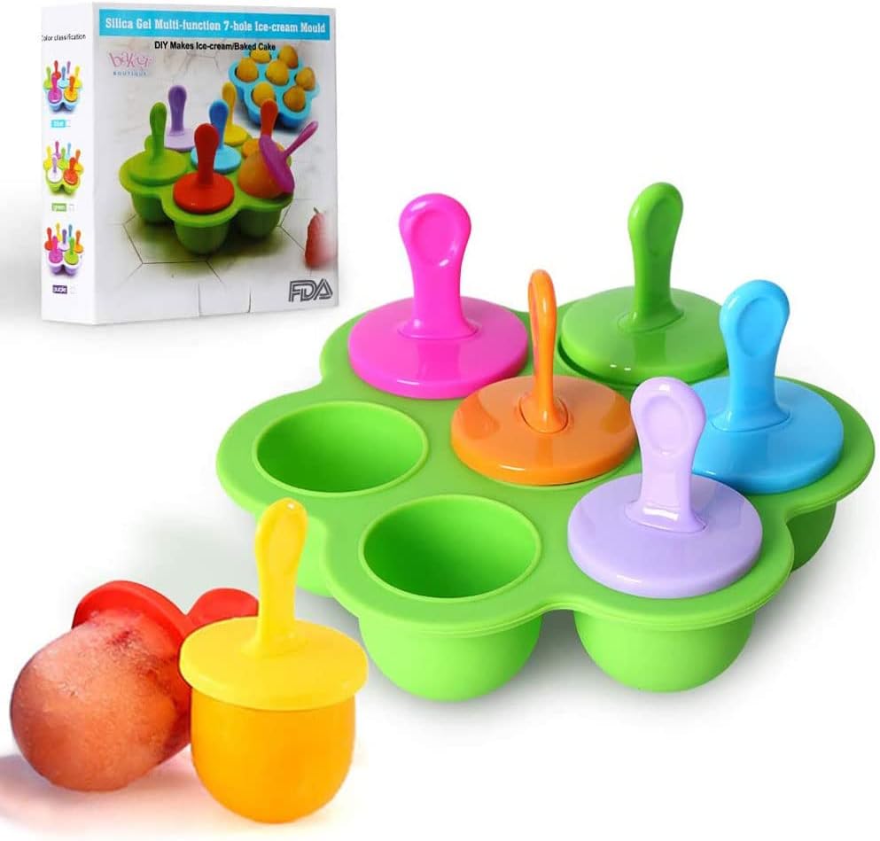 Mini Silicone Popsicle Mold, 7-Cavity DIY Ice Pop Mold with Colorful Plastic Sticks, Non-Stick Ice Cube Trays