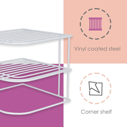 3-Tier Counter Home Basics Kitchen Corner Shelf and Cabinet Organizer Heavy Duty Wire Shelf in White