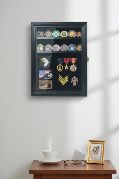 Military Challenge Coin Display Case with Medals Display 11x14IN Shadow Box with HD Toughened Glass, Wall Mount & Removable 2 Grooves Shelves, Coin Holder for Souvenirs, Solid Wood Frame