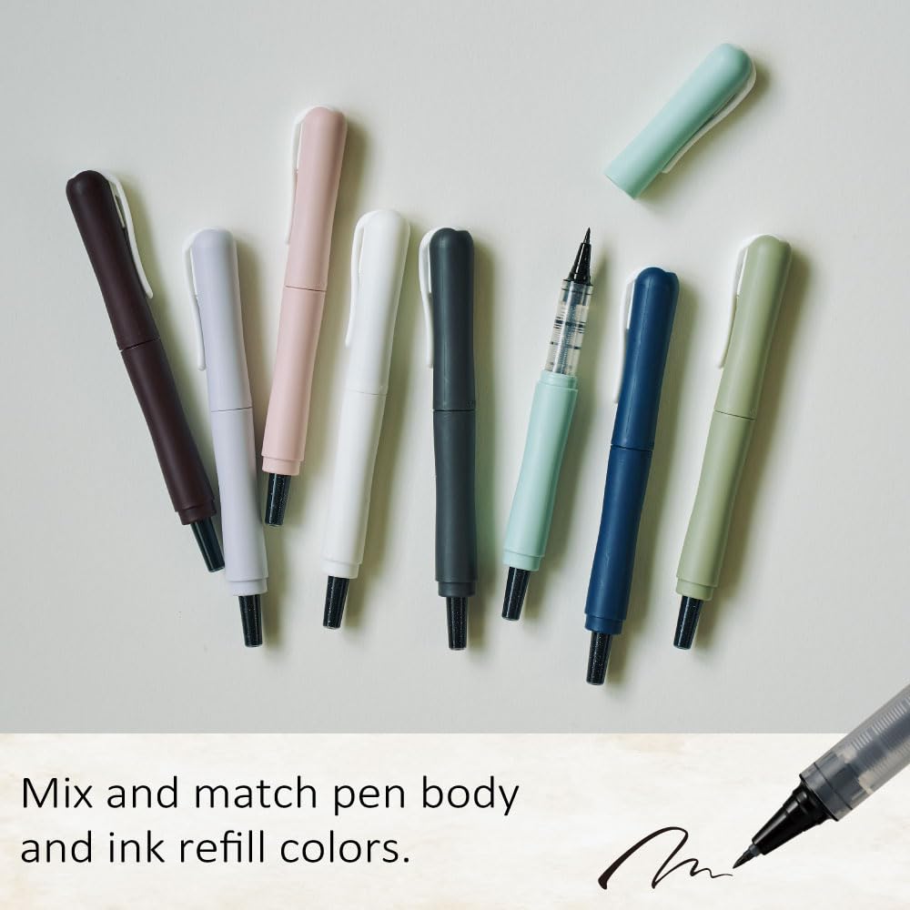 Kuretake ZIG Letter Pen COCOIRO, Body with Black Ink Refill Set, Flexible Extra Fine Brush Tip, Refillable marking Pen for Calligraphy, Hand Lettering, Made in Japan (POTTER'S PINK, Black)