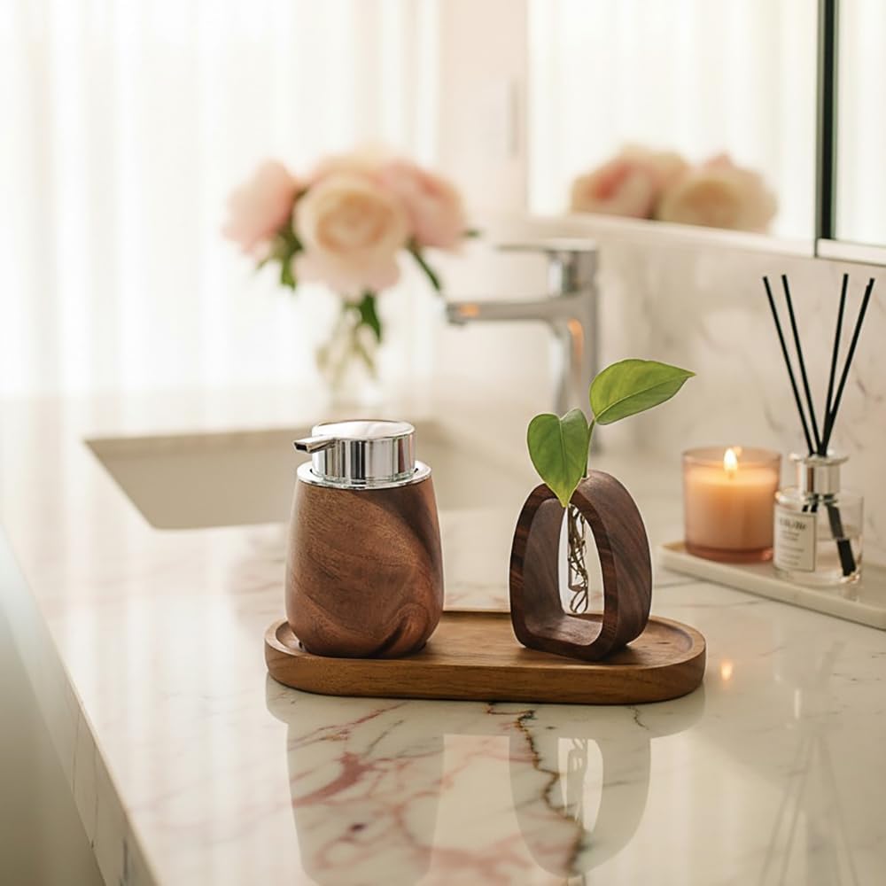 Set 7oz/200ml 6 Countertop Walnut Wood Soap Dispenser with Tray, Foaming Hand Soap Dispenser with Labels, Wooden