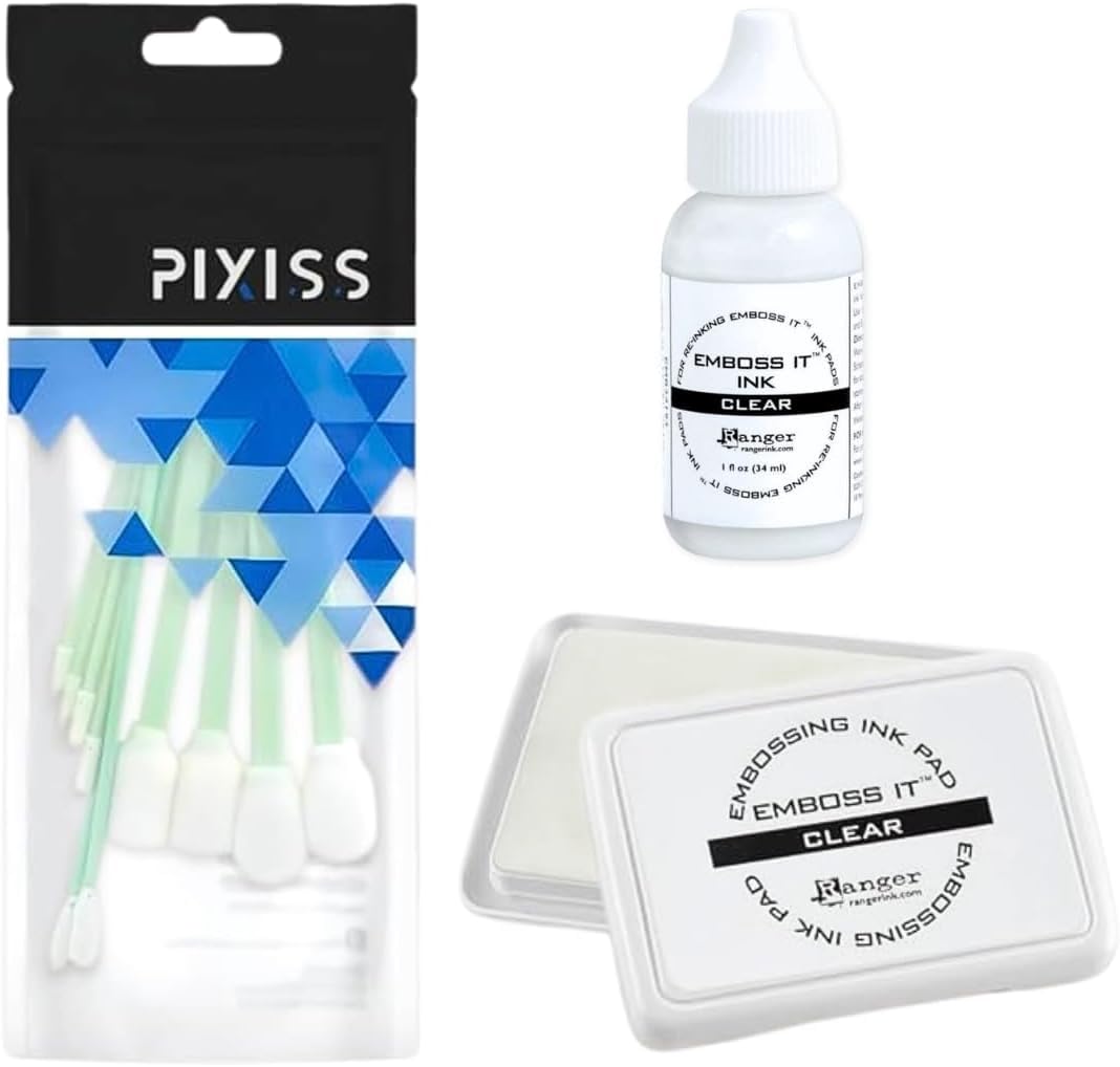 Ranger Emboss It Ink Pad, Reinker and Pixiss Blending Swabs - Clear Embossing Ink Pad with Refill (1 fl oz) - 10 Ink Blending Brush Tools - Card Making, Scrapbooking, and Jewelry Making Essentials