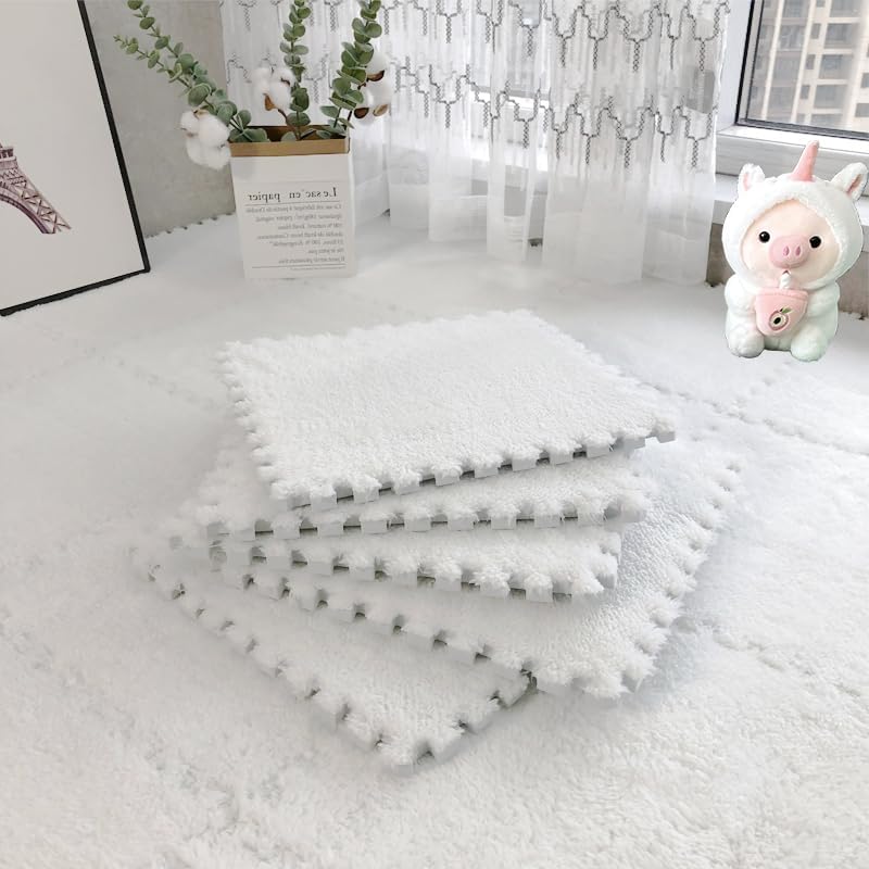 lmjclzyee 12 pcs Shaggy Soft EVA Foam Interlocking Carpet Fluffy Rugs Protective Floor Tiles Sport Play mats for Home