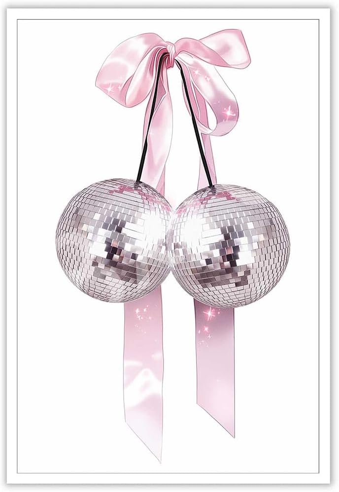 Generic 12x18in Trendy Pink Bow Disco Ball Posters White Cherry Canvas Wall Art Funky Coquette Bow Ribbon Preppy