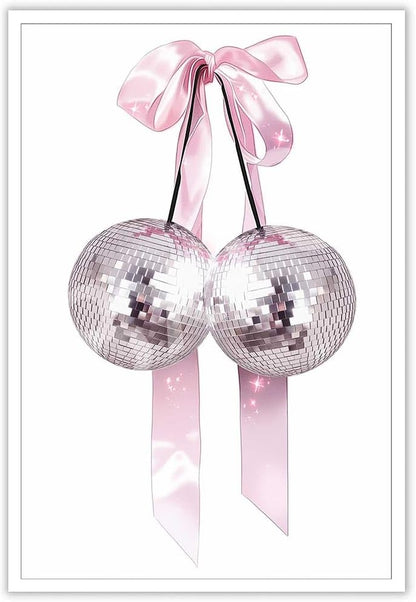 Generic 12x18in Trendy Pink Bow Disco Ball Posters White Cherry Canvas Wall Art Funky Coquette Bow Ribbon Preppy