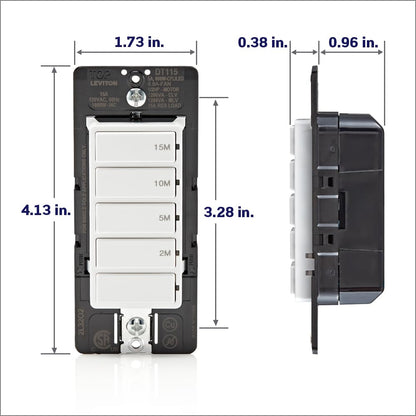 Leviton Countdown Timer Switch for bathroom fan and household lights, 5-10-15-30 min, No Neutral Required, Single Pole, 15A, 1/2 HP/9.8A Fan/Motor, DT130-1LW, White
