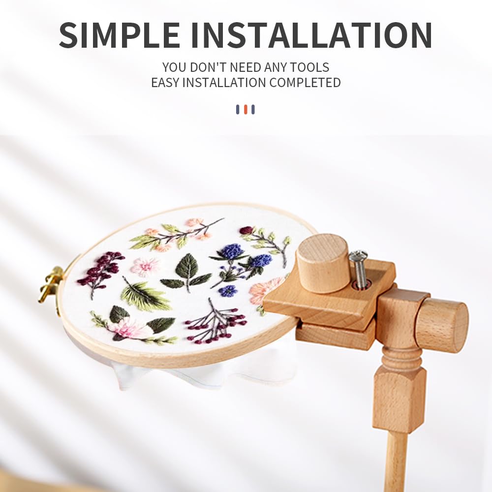 Sherbo Adjustable Embroidery Hoop Stand with 2PCS 6'' 7''Hoops, Rotated Beech Wood Cross Stitch Frame, Hands-Free Needlework Stand, Solid Hand-Polished Natural Wood Holder for Sewing Projects.