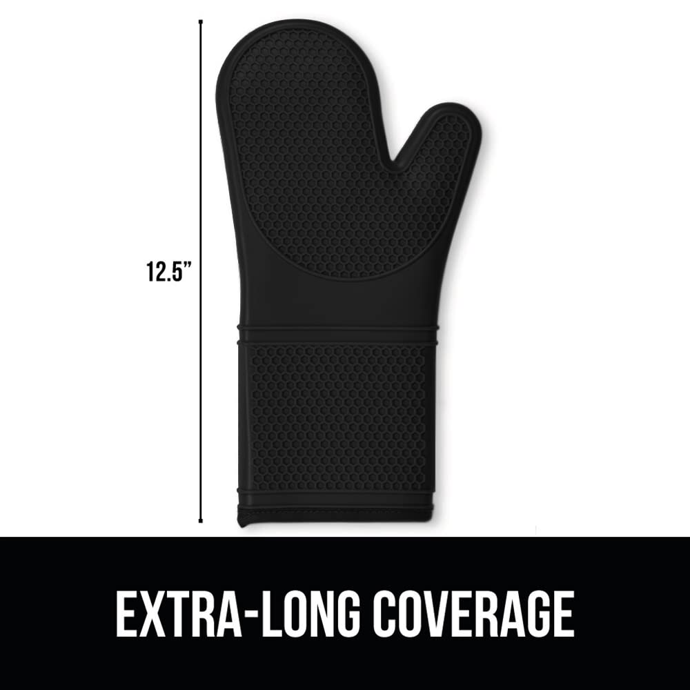 GORILLA GRIP BPA-Free Soft Silicone Oven Mitts, Heat Resistant and Waterproof Cooking Gloves, Thick Cotton Lining, Flexible Gripping for Baking Grilling, Kitchen Potholders Set of 2, 12.5x8.3, Black