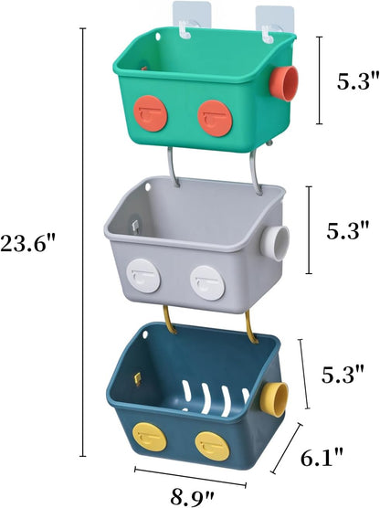 3 Bath Toy Storage Organizer Basket, Layers Colorful Robot Modeling Wall Mounted Kids Hanging Shower Caddy with Hooks