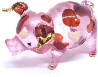 Handmade Mini 2" Blown Glass Pig Figurine, Pink with 22K Gold Accents, Unique Gift Ideas and Decor No.2