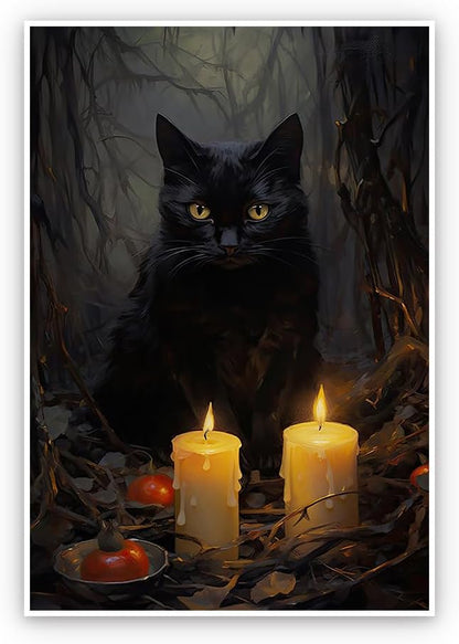 Kisappeared Vintage Gothic Wall Art Black Cat Candle Poster Halloween Artwork Print Canvas Victorian Style Dark