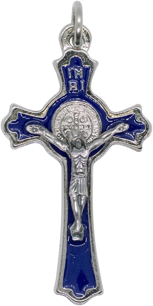 Hand Made St Benedict Cross Medal Crucifix, 3" Tall, Silver Plated with Blue Enamel