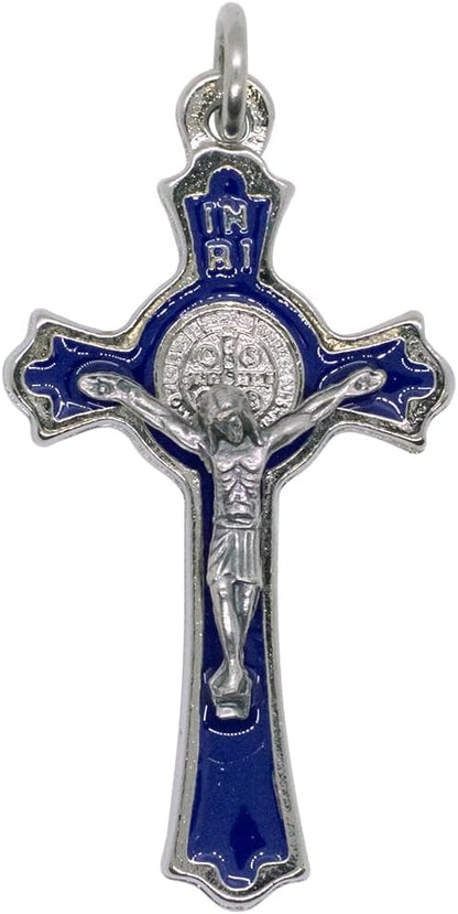 Hand Made St Benedict Cross Medal Crucifix, 3" Tall, Silver Plated with Blue Enamel