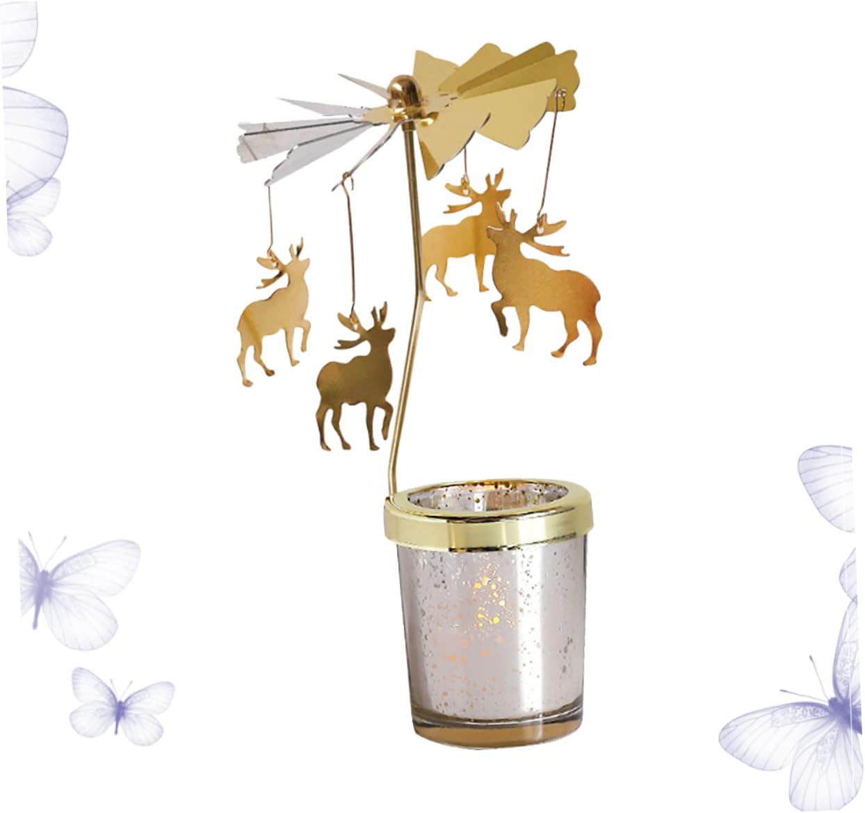 Rotating Candlestick Holder Christmas Carousel Spinning Deer Tea Light Table Decoration Gold