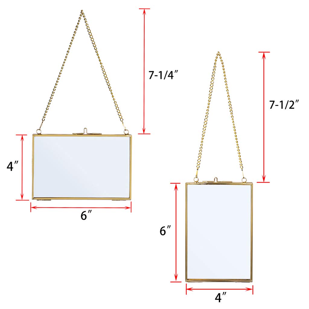 JUXYES Set of 2 Wall Hanging Brass Frames for Pressed Flowers, Golden Modern Hanging Picture Artwork Display Frame, Double Glass Floater Style Gallery Wall Frame for Photo Picture Poster etc, 4x6 Inches