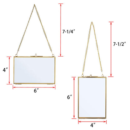 JUXYES Set of 2 Wall Hanging Brass Frames for Pressed Flowers, Golden Modern Hanging Picture Artwork Display Frame, Double Glass Floater Style Gallery Wall Frame for Photo Picture Poster etc, 4x6 Inches