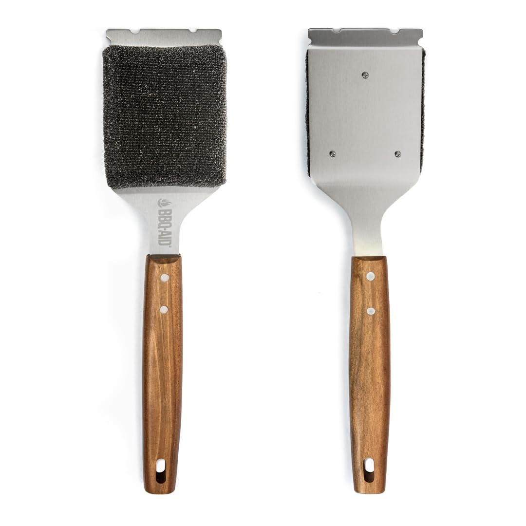 BBQ-AID Bristle Free Grill Brush and Scraper for Barbecue - Extended Large Wooden Handle with Replaceable Head - No Scratch BBQ Cleaning Accessories for Outdoor Grills