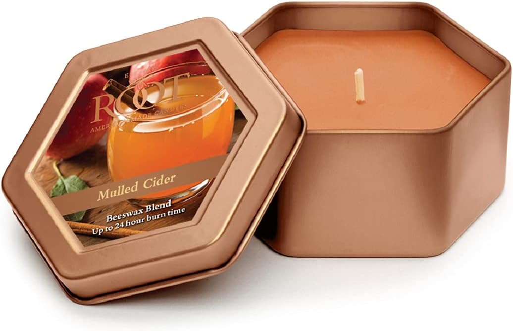 Root Candles Fall Scented Travel Tin Candle - 24-Hour Honeycomb Beeswax Blend in Mulled Cider, 4-Ounce