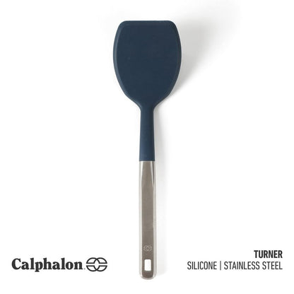 Calphalon Prime Stainless Steel Turner with Navy Blue Silicone Head, Heat Resistant Kitchen Spatula for Flipping, Cooking, Grilling, and Serving, Durable Non Scratch Cooking Utensil