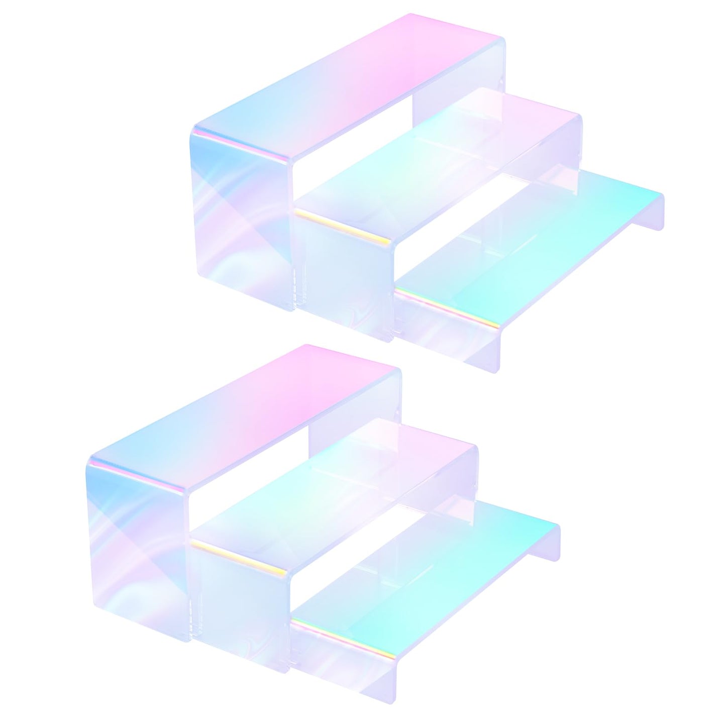 6pcs Iridescent Acrylic Display Risers, Rainbow Display Stand Set for Collectible Figures Jewelry Perfume Organizer, 3 Sizes Rectangular Stands for Candy Dessert Cupcake, Vendor Booth Retail Showcase