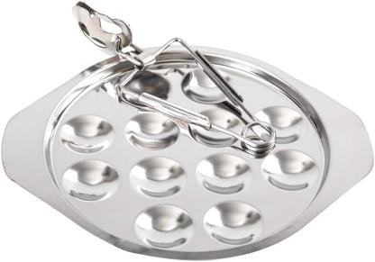 Stainless Steel Snail Escargot Plate, Thickened Dishes with 12 Compartment Holes and Tong Set
