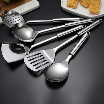 5Pcs Stainless Steel Cooking Utensils Set, Heat Resistant Wok Utensils Include Slotted Spoon, Spatula, Large Spoon