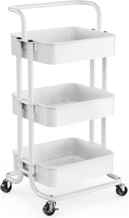 Pipishell 3 Tier Rolling Cart, Metal Utility Cart with Wheels and Handle, Rolling Storage Cart for Nursery Room, Living Room, Painting Room, Office and Kitchen, White