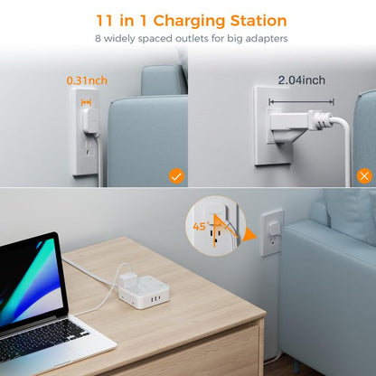 TESSAN Surge Protector Power Strip, 5 Ft Flat Plug Extension Cord with 3 USB (1 USB C) 8 Outlets, 900J Surge Protection, 3 Sided Outlet Extender with Power Switch for Office, Dorm Room Essentials