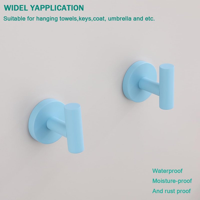 SEABEFORE Towel Hooks for Bathrooms,Clear Sky Blue Wall Mount Hooks SUS 304 Stainless Steel Coat Hook Robe Hook Towel Hook 2 Count for Kitchen,Bedroom (Drilling),SE96006-8CKB