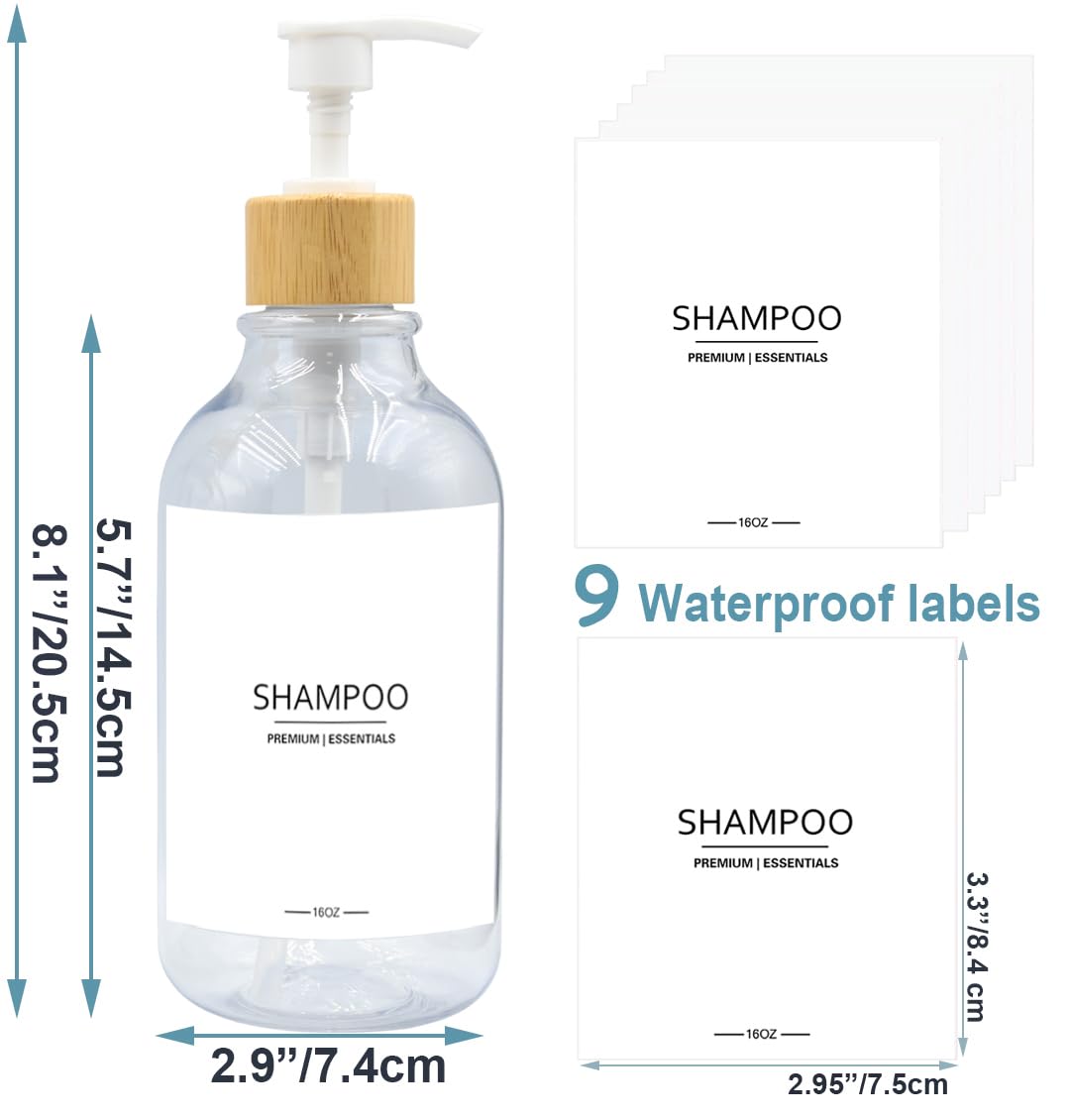 Gails Willing Shower Shampoo and Conditioner Bottles, Apothecary Dispenser Bamboo Pump, Refillable Bottles for Lotion Oil Hand Soap and Dish Soap, Plastic Set (3 Bottles 9 Labels) (3, Clear)