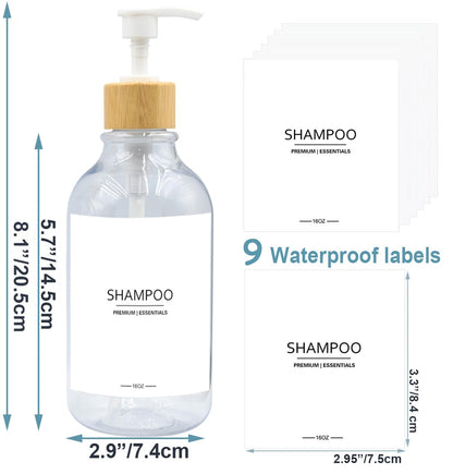 Gails Willing Shower Shampoo and Conditioner Bottles, Apothecary Dispenser Bamboo Pump, Refillable Bottles for Lotion Oil Hand Soap and Dish Soap, Plastic Set (3 Bottles 9 Labels) (3, Clear)