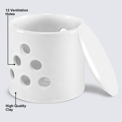 LEEPENK Garlic Keeper,Vented Clay Garlic Storage Container Saver with Lid and 12 Air Vent,Reserve for Garlic, Onion, Lemon, Patato or Ginger (White Glazed)